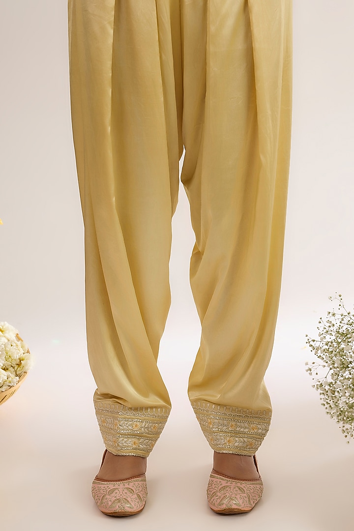 Soft Yellow Chanderi Silk Embroidered Short Choga Kurta Set by saina kapoor at Pernia's Pop Up Shop