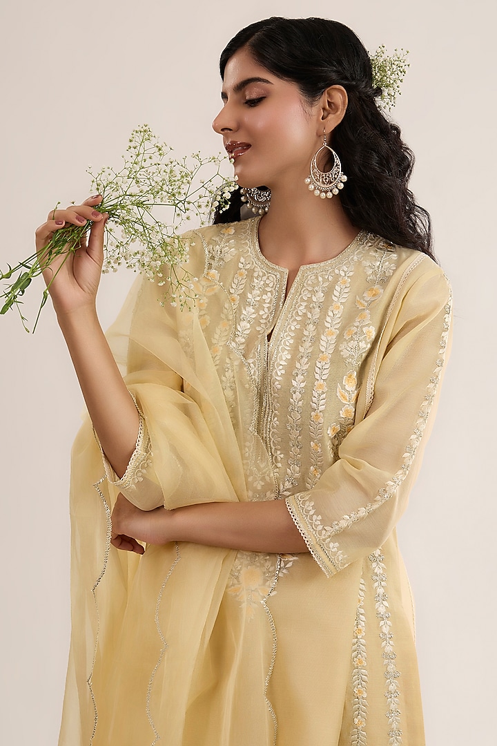 Soft Yellow Chanderi Silk Embroidered Short Choga Kurta Set by saina kapoor at Pernia's Pop Up Shop