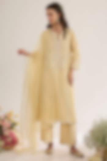 Soft Yellow Chanderi Silk Embroidered A-Line Kurta Set by saina kapoor at Pernia's Pop Up Shop