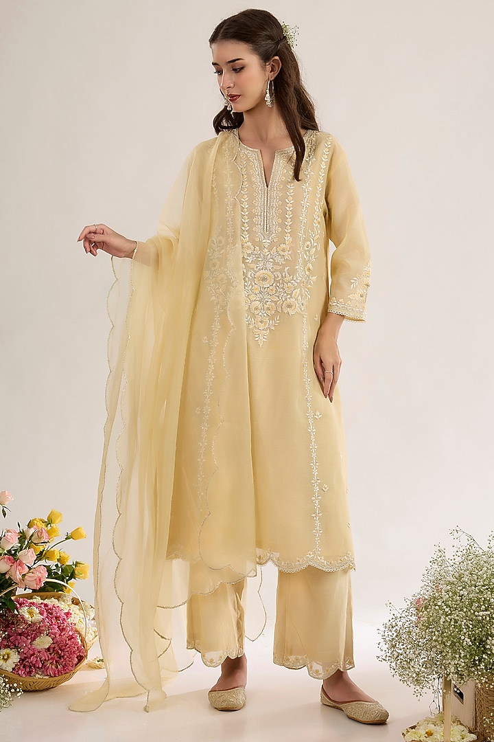 Soft Yellow Chanderi Silk Embroidered A-Line Kurta Set by saina kapoor at Pernia's Pop Up Shop