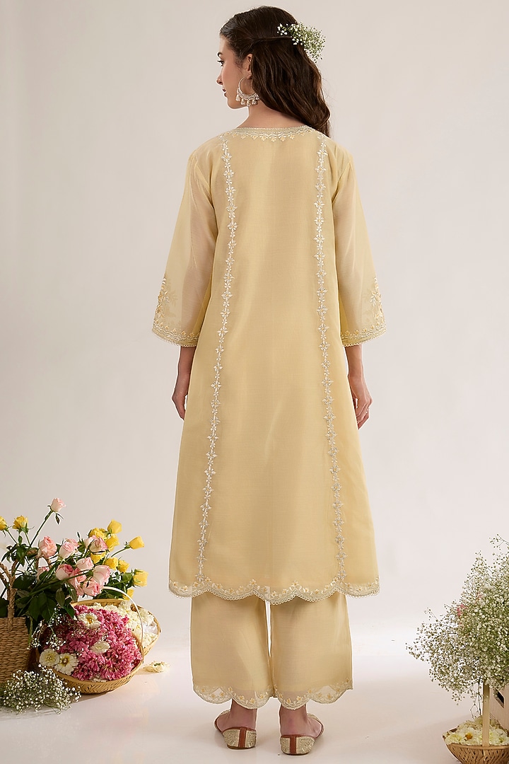 Soft Yellow Chanderi Silk Embroidered A-Line Kurta Set by saina kapoor at Pernia's Pop Up Shop