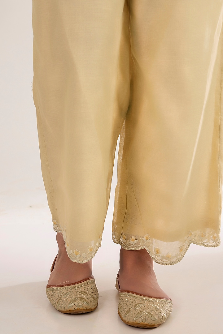 Soft Yellow Chanderi Silk Embroidered A-Line Kurta Set by saina kapoor at Pernia's Pop Up Shop