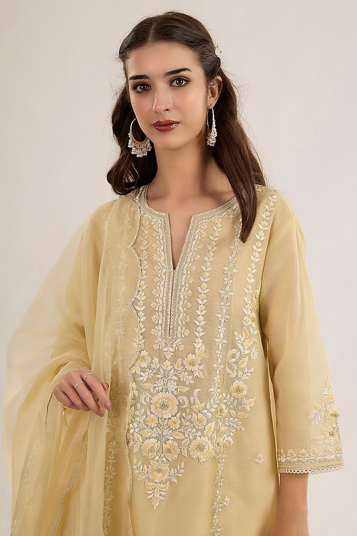 Soft Yellow Chanderi Silk Embroidered A-Line Kurta Set by saina kapoor at Pernia's Pop Up Shop