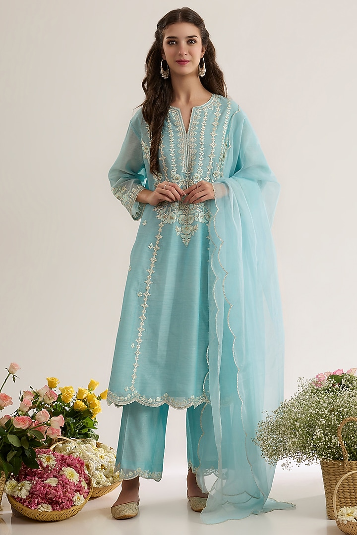 Powder Blue Chanderi Silk Embroidered A-Line Kurta Set by saina kapoor at Pernia's Pop Up Shop