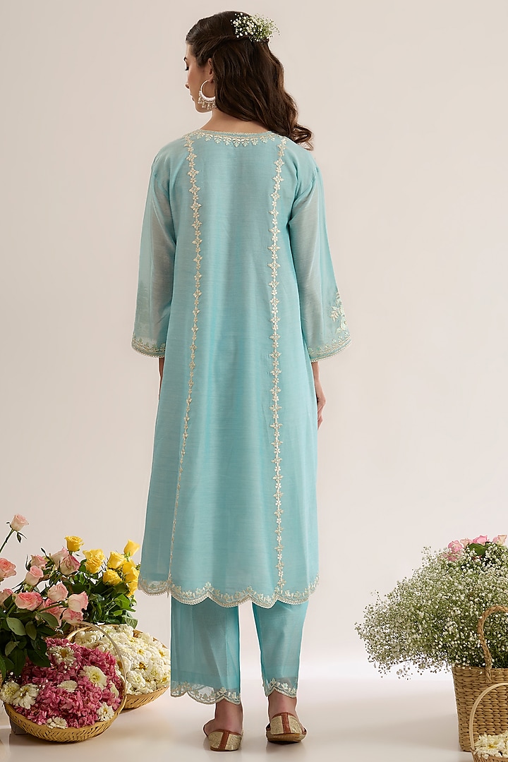 Powder Blue Chanderi Silk Embroidered A-Line Kurta Set by saina kapoor at Pernia's Pop Up Shop