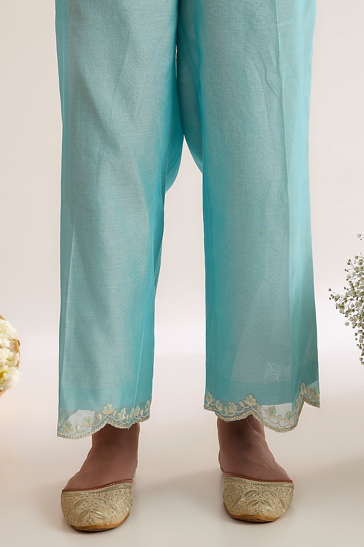 Powder Blue Chanderi Silk Embroidered A-Line Kurta Set by saina kapoor at Pernia's Pop Up Shop