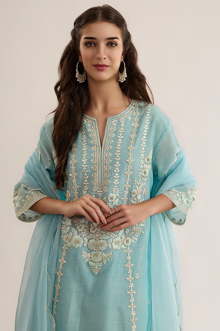 Powder Blue Chanderi Silk Embroidered A-Line Kurta Set by saina kapoor at Pernia's Pop Up Shop