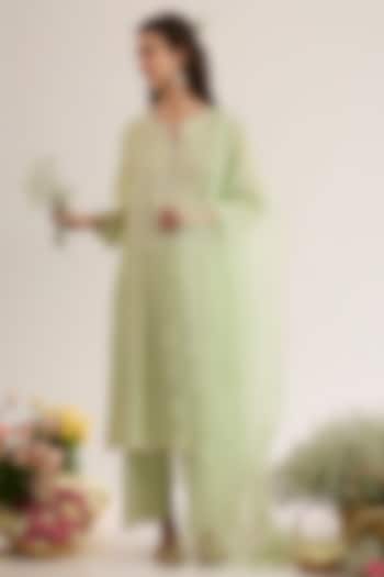 Mint Green Chanderi Silk Embroidered A-Line Kurta Set by saina kapoor at Pernia's Pop Up Shop