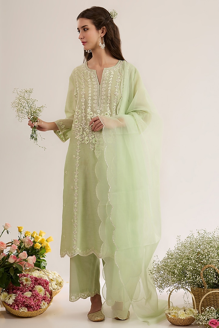 Mint Green Chanderi Silk Embroidered A-Line Kurta Set by saina kapoor at Pernia's Pop Up Shop