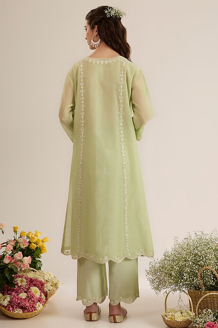 Mint Green Chanderi Silk Embroidered A-Line Kurta Set by saina kapoor at Pernia's Pop Up Shop