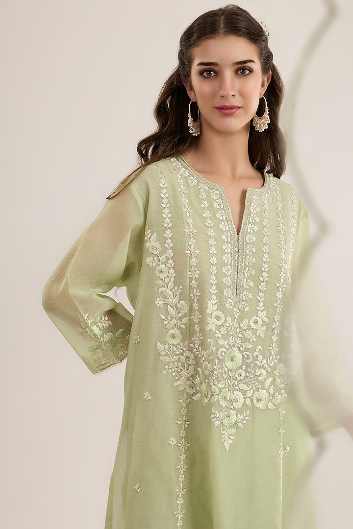 Mint Green Chanderi Silk Embroidered A-Line Kurta Set by saina kapoor at Pernia's Pop Up Shop