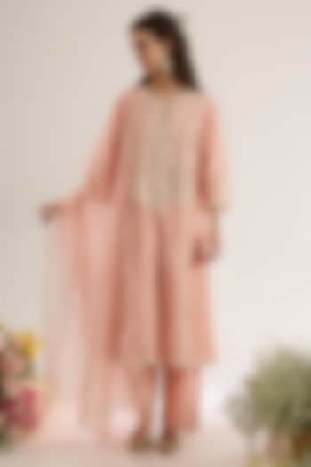 Blush Pink Chanderi Silk Embroidered A-Line Kurta Set by saina kapoor at Pernia's Pop Up Shop