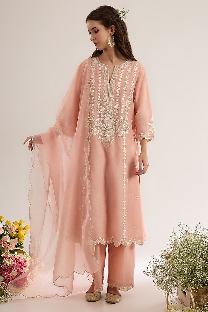 Blush Pink Chanderi Silk Embroidered A-Line Kurta Set by saina kapoor at Pernia's Pop Up Shop