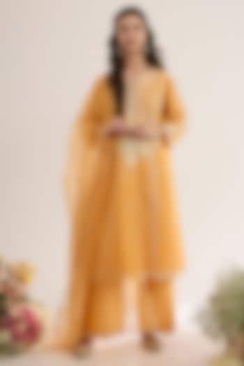Peachy Orange Chanderi Silk Embroidered A-Line Kurta Set by saina kapoor at Pernia's Pop Up Shop