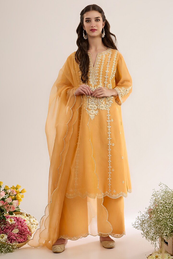 Peachy Orange Chanderi Silk Embroidered A-Line Kurta Set by saina kapoor at Pernia's Pop Up Shop