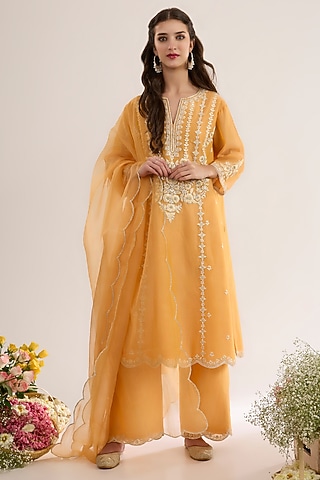 Peachy Orange Chanderi Silk Embroidered A-Line Kurta Set by saina kapoor
