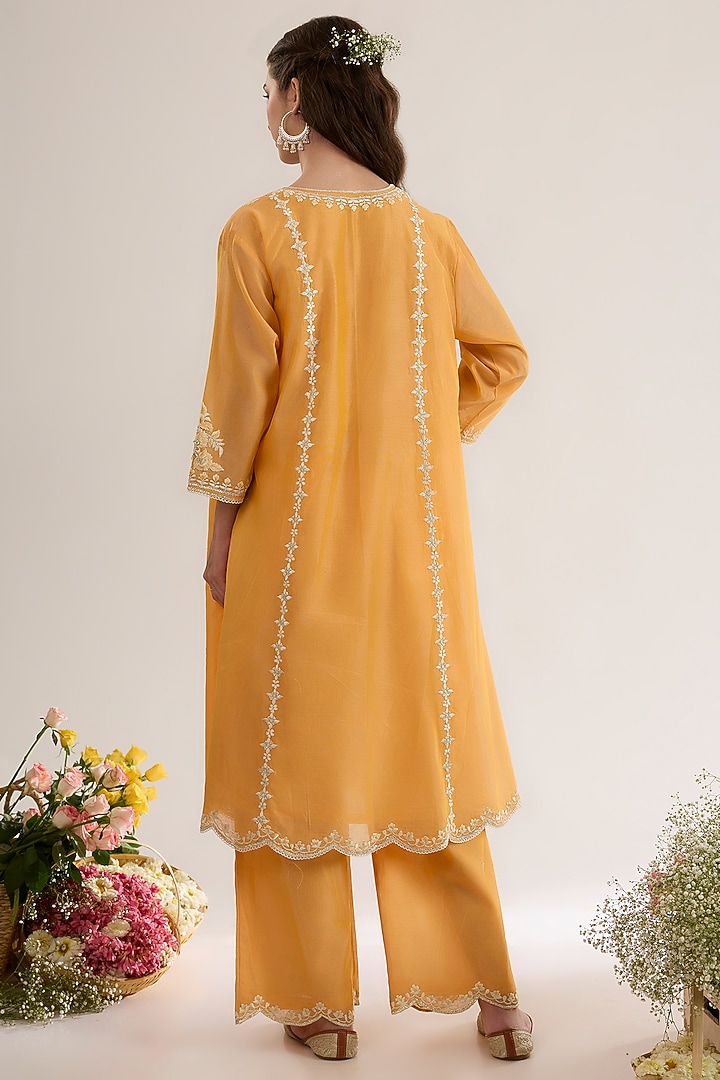 Peachy Orange Chanderi Silk Embroidered A-Line Kurta Set by saina kapoor at Pernia's Pop Up Shop