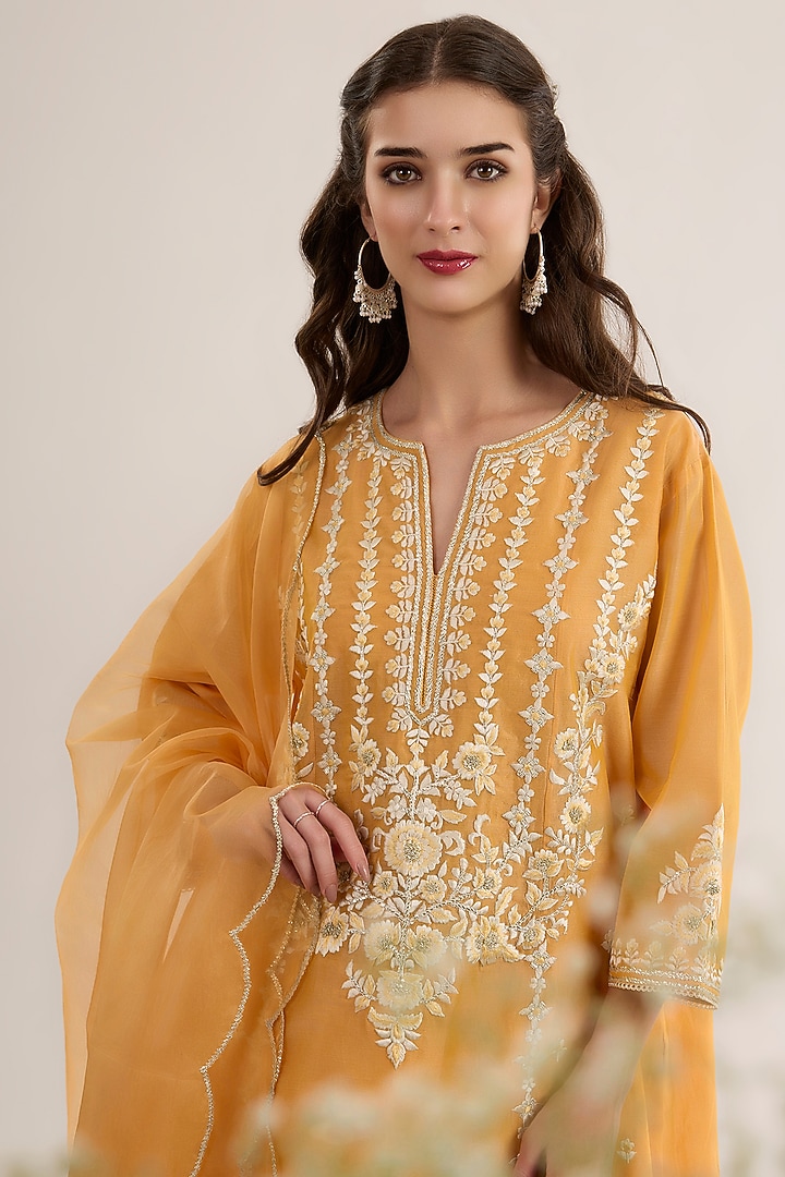 Peachy Orange Chanderi Silk Embroidered A-Line Kurta Set by saina kapoor at Pernia's Pop Up Shop
