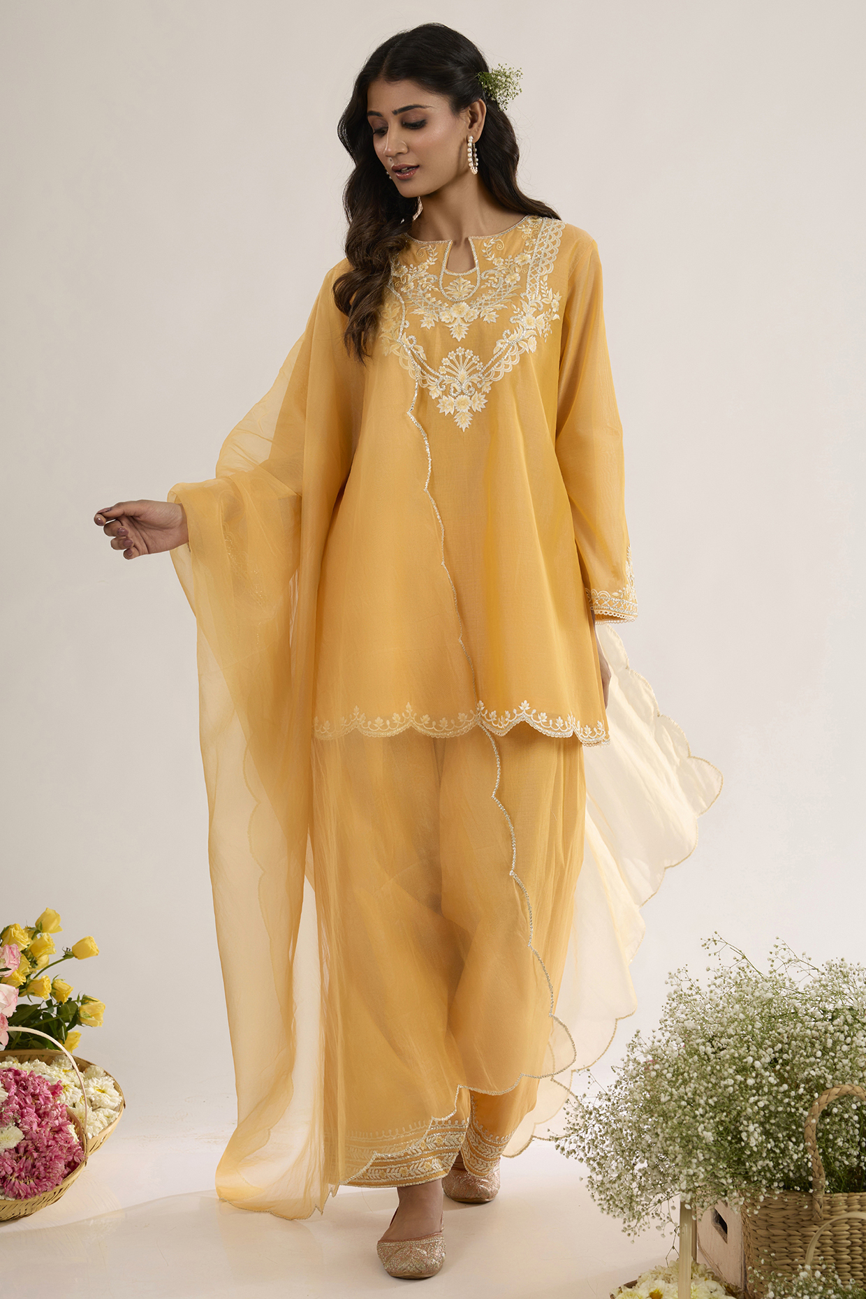 Peachy Orange Chanderi Silk Embroidered Short A-Line Kurta Set by saina kapoor at Pernia's Pop Up Shop
