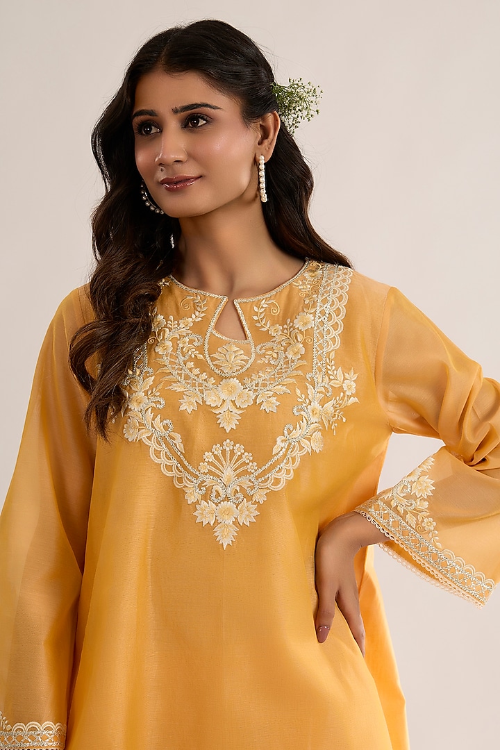 Peachy Orange Chanderi Silk Embroidered Short A-Line Kurta Set by saina kapoor at Pernia's Pop Up Shop