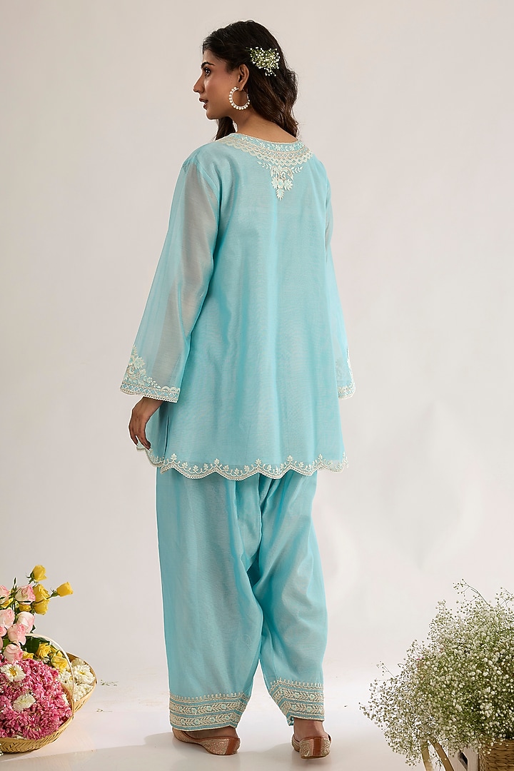 Powder Blue Chanderi Silk Embroidered Short A-Line Kurta Set by saina kapoor at Pernia's Pop Up Shop