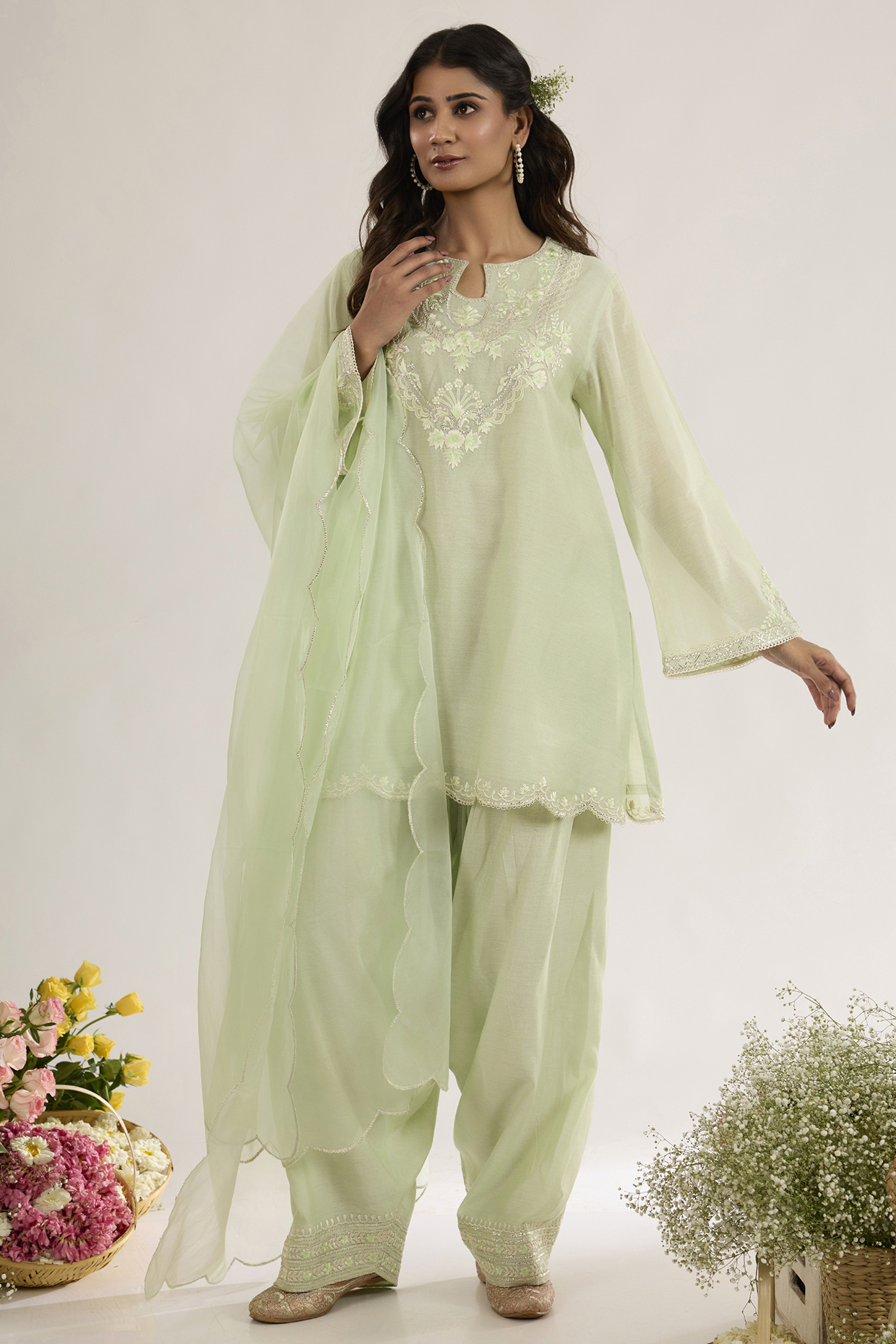 Mint Green Chanderi Silk Embroidered Short A-Line Kurta Set by saina kapoor at Pernia's Pop Up Shop