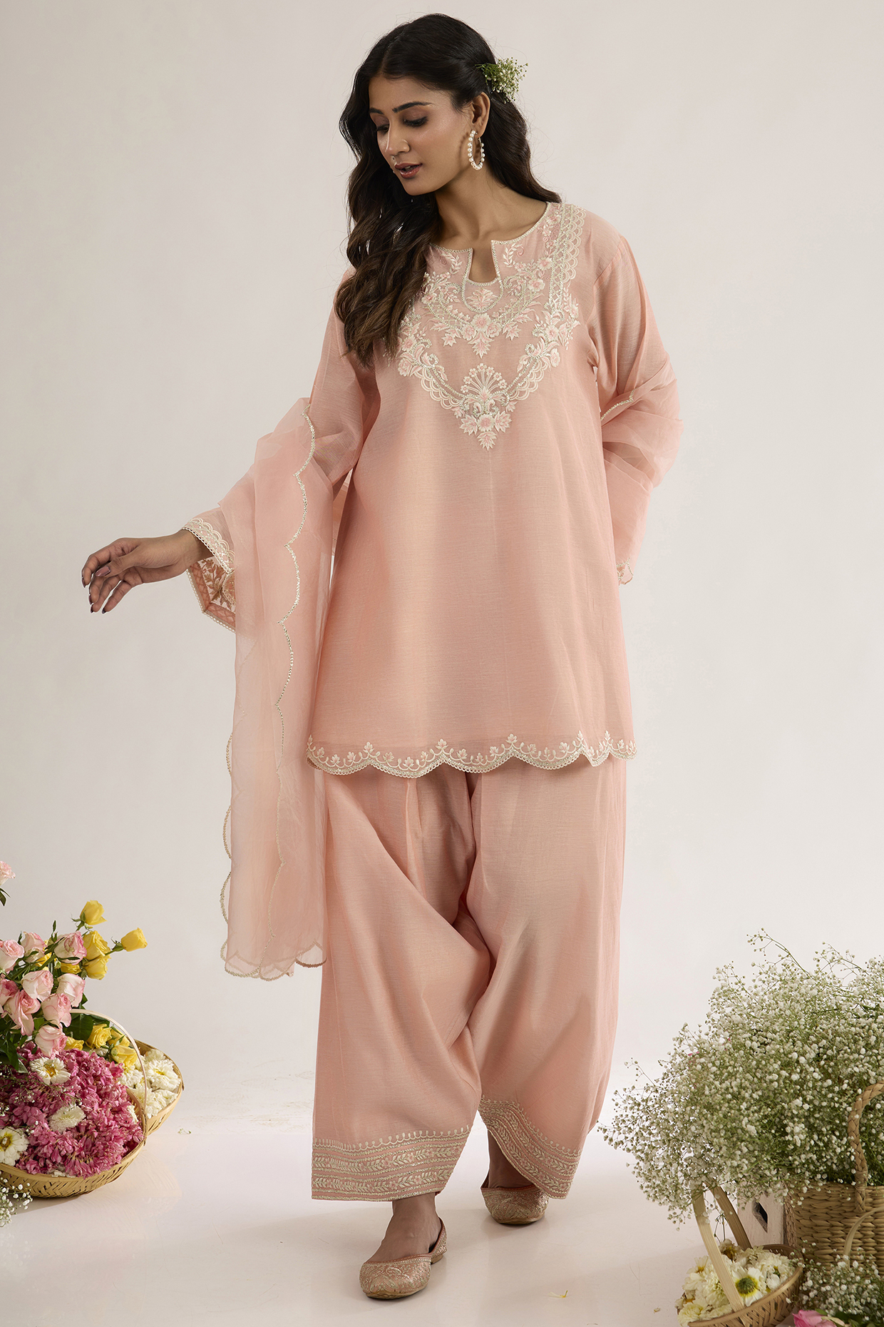 Blush Pink Chanderi Silk Embroidered Short A-Line Kurta Set by saina kapoor at Pernia's Pop Up Shop