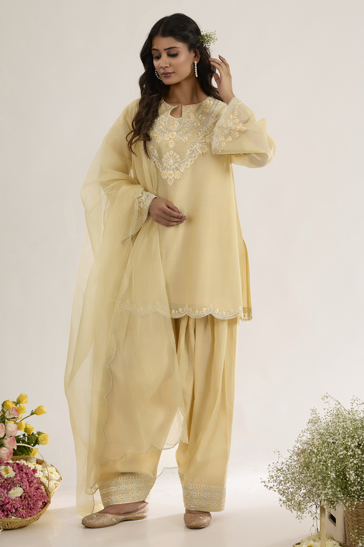 Soft Yellow Chanderi Silk Embroidered Short A-Line Kurta Set by saina kapoor at Pernia's Pop Up Shop