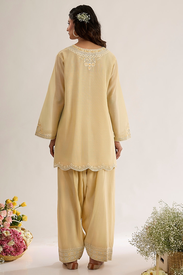Soft Yellow Chanderi Silk Embroidered Short A-Line Kurta Set by saina kapoor at Pernia's Pop Up Shop