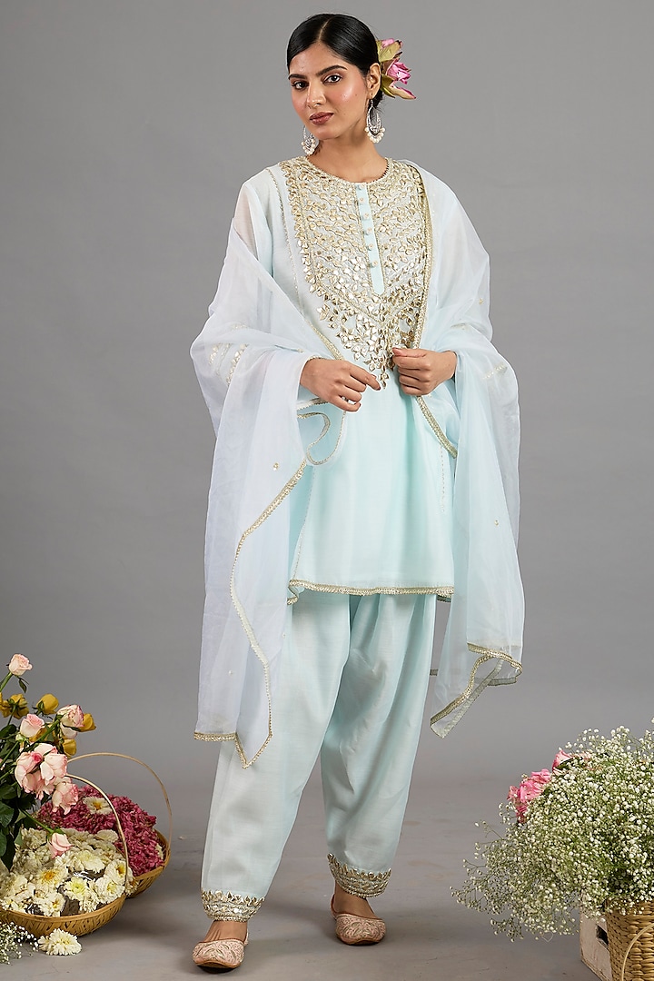 Ice Blue Chanderi Gota-Patti Embroidered Short Kurta Set by Saina kapoor at Pernia's Pop Up Shop