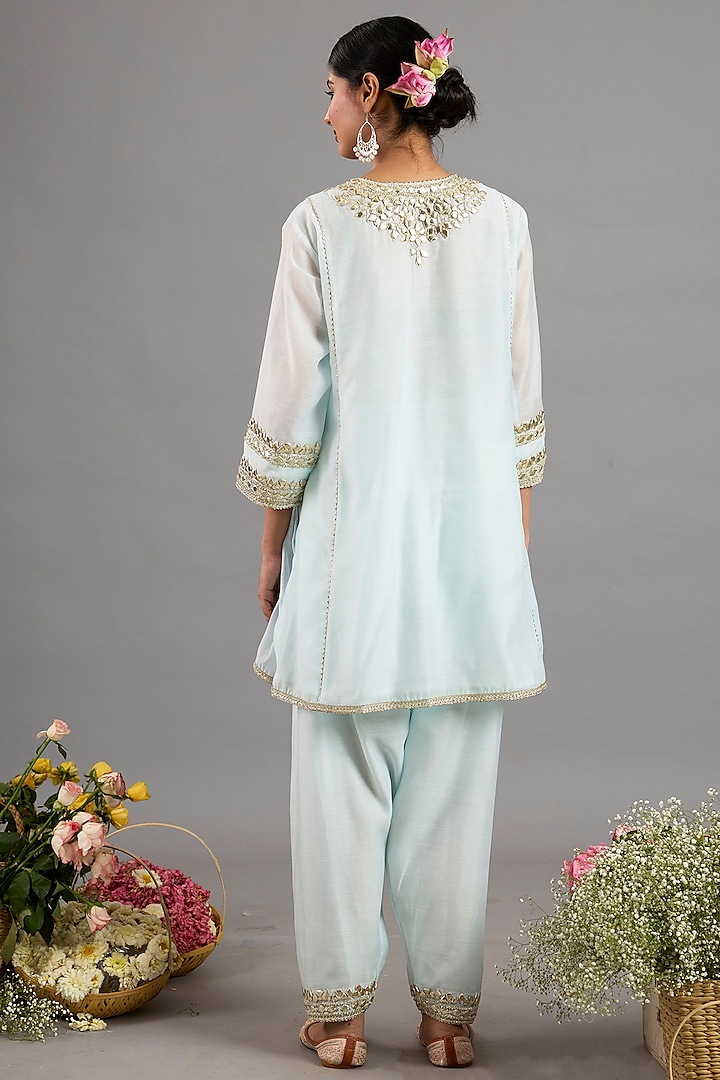Ice Blue Chanderi Gota-Patti Embroidered Short Kurta Set by Saina kapoor at Pernia's Pop Up Shop