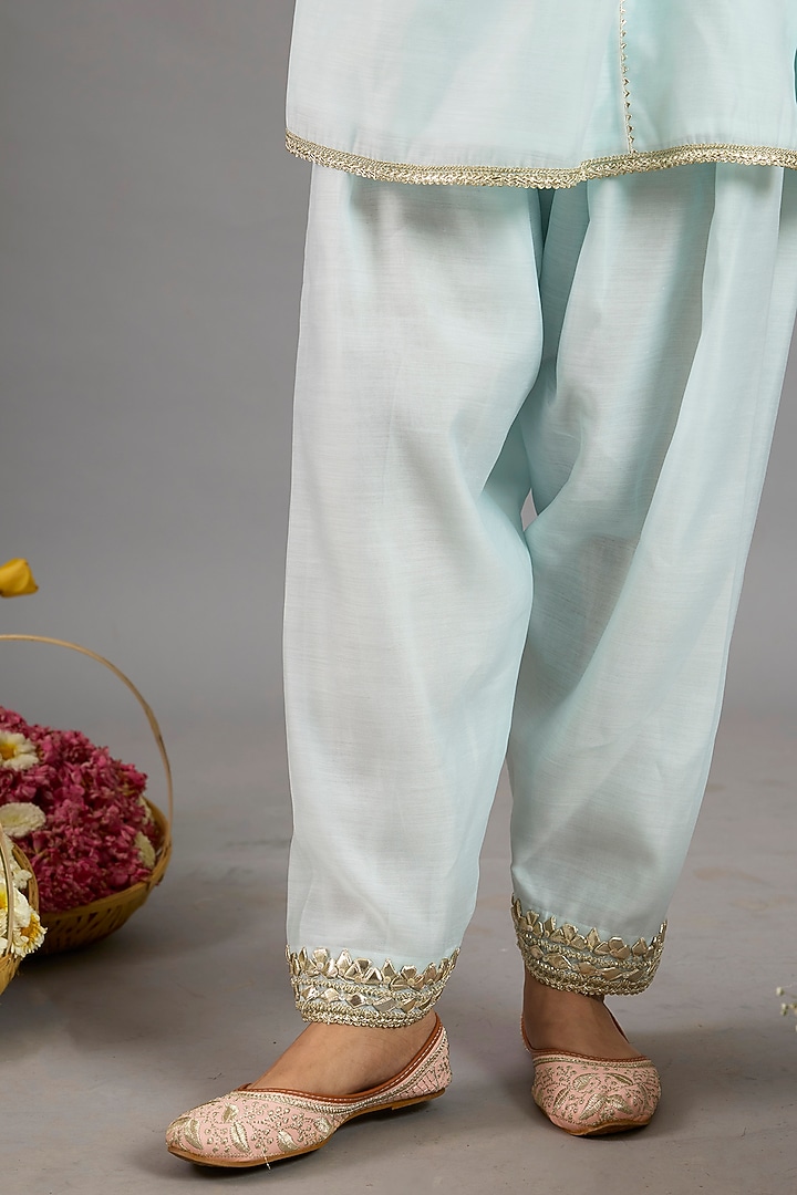 Ice Blue Chanderi Gota-Patti Embroidered Short Kurta Set by Saina kapoor at Pernia's Pop Up Shop