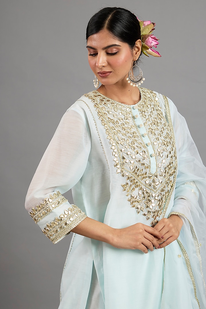 Ice Blue Chanderi Gota-Patti Embroidered Short Kurta Set by Saina kapoor at Pernia's Pop Up Shop