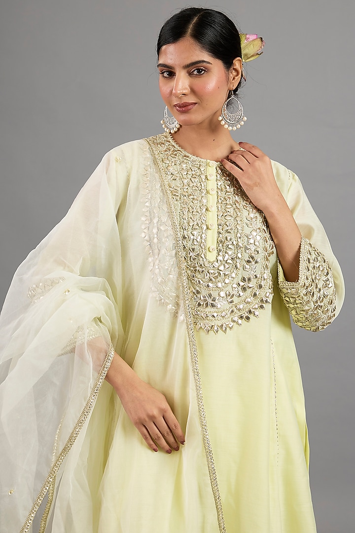 Yellow Chanderi Gota-Patti Embroidered A-Line Kurta Set by Saina kapoor at Pernia's Pop Up Shop