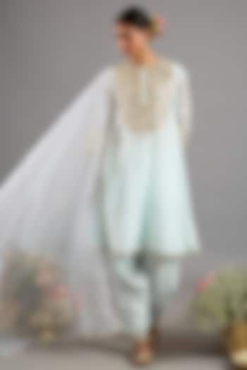 Ice Blue Chanderi Gota-Patti Embroidered A-Line Kurta Set by Saina kapoor at Pernia's Pop Up Shop