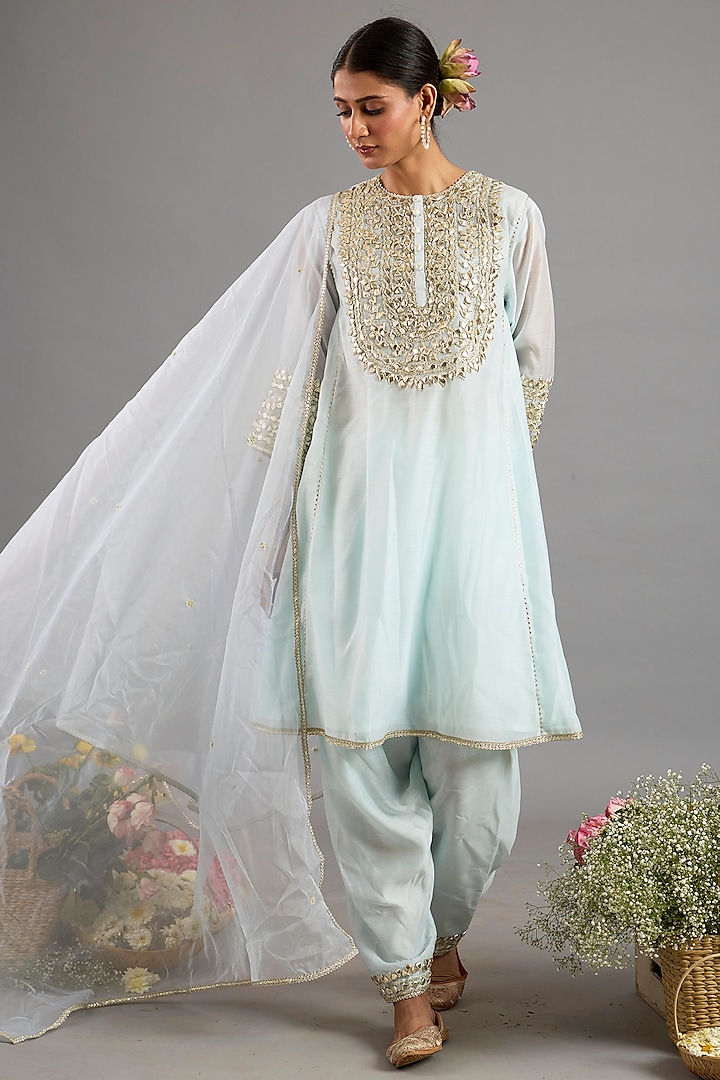 Ice Blue Chanderi Gota-Patti Embroidered A-Line Kurta Set by Saina kapoor at Pernia's Pop Up Shop