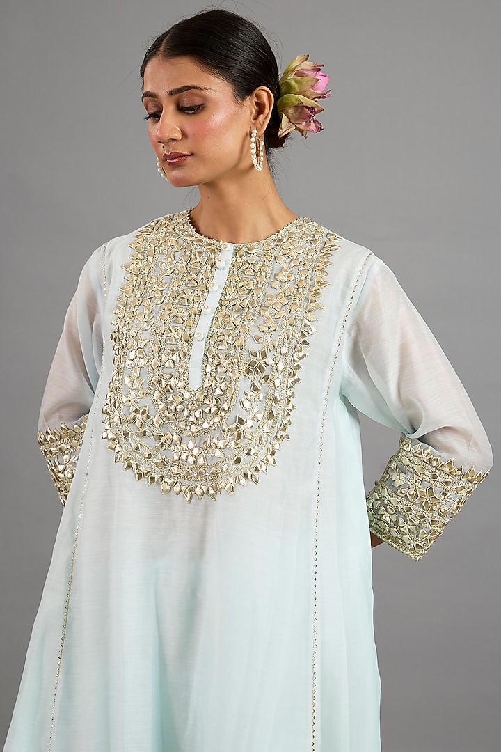 Ice Blue Chanderi Gota-Patti Embroidered A-Line Kurta Set by Saina kapoor at Pernia's Pop Up Shop