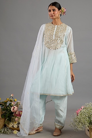 Mint Green Chanderi Gota-Patti Embroidered Anarkali Set by Saina kapoor