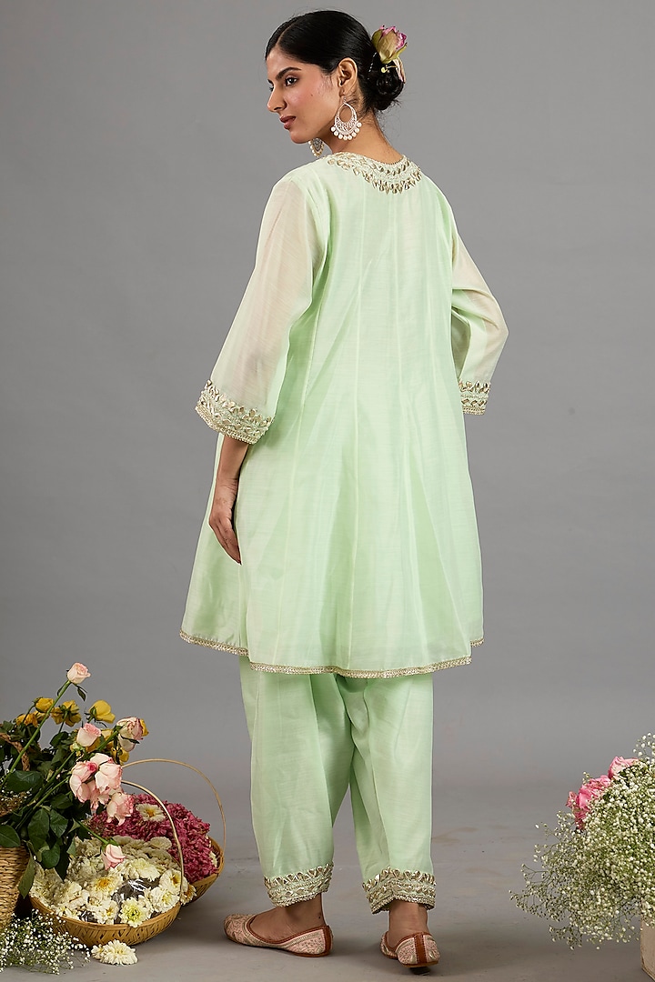 Green Chanderi Gota-Patti Embroidered Short Party Wear Anarkali Set by Saina kapoor at Pernia's Pop Up Shop