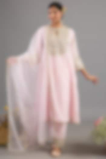 Baby Pink Chanderi Gota-Patti Embroidered A-Line Kurta Set by Saina kapoor at Pernia's Pop Up Shop