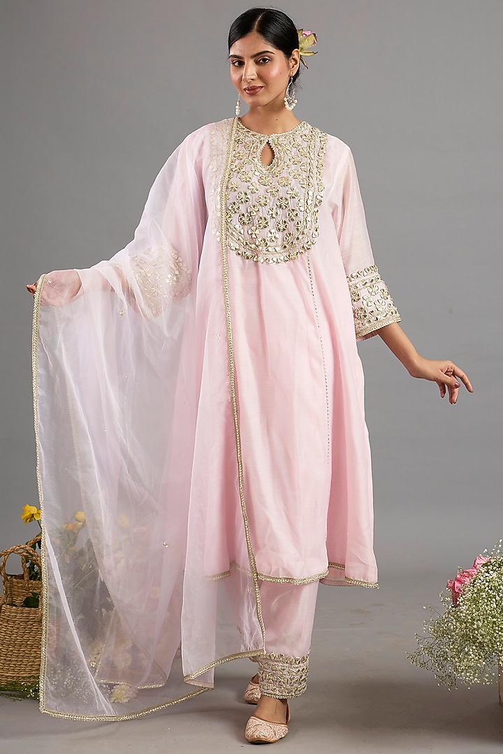 Baby Pink Chanderi Gota-Patti Embroidered A-Line Kurta Set by Saina kapoor at Pernia's Pop Up Shop