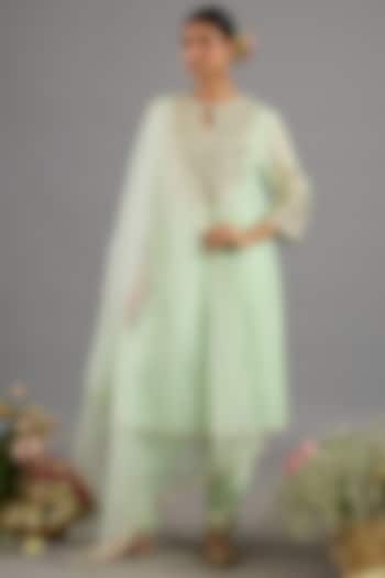 Green Chanderi Gota-Patti Embroidered Long A-Line Kurta Set by Saina kapoor at Pernia's Pop Up Shop