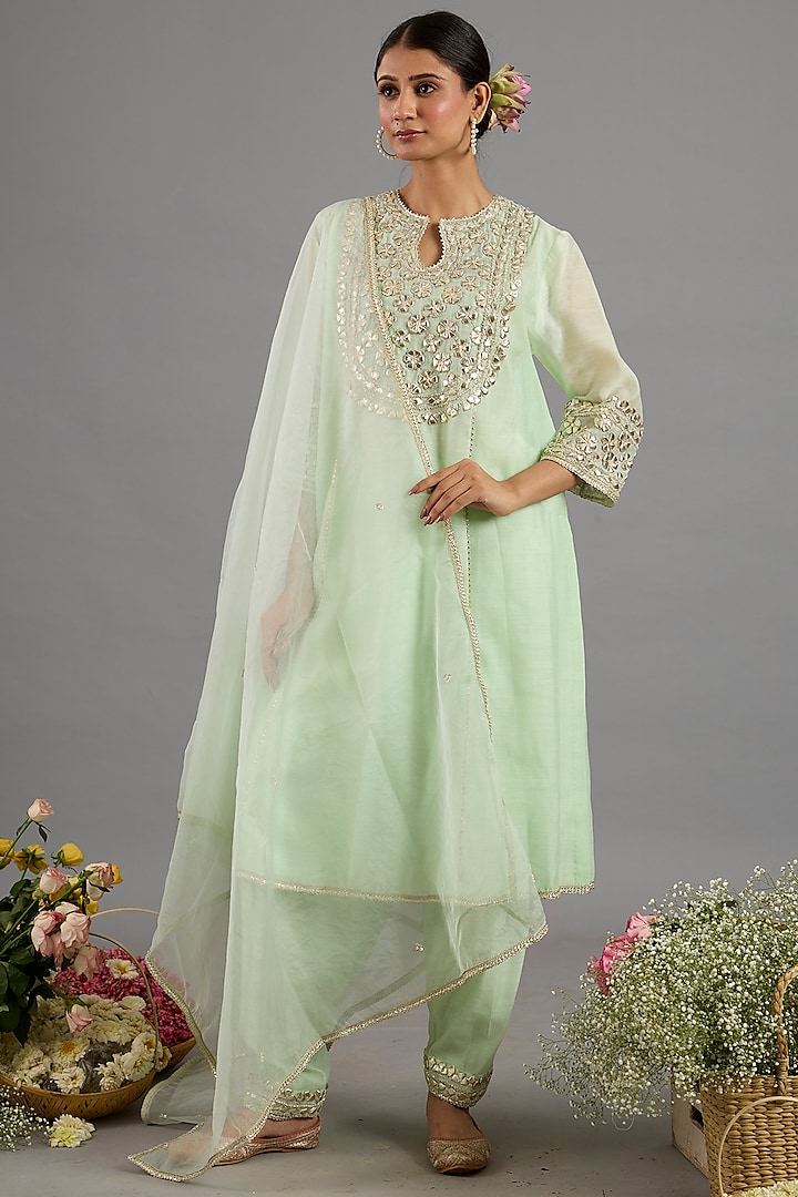 Green Chanderi Gota-Patti Embroidered Long A-Line Kurta Set by Saina kapoor at Pernia's Pop Up Shop