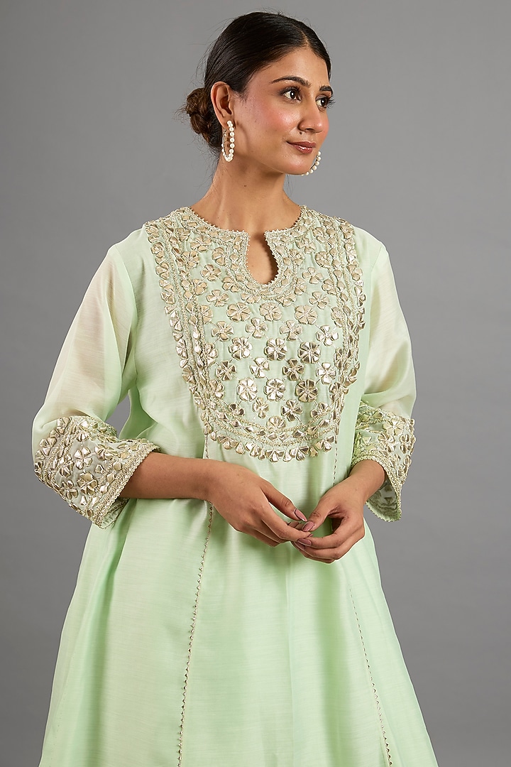 Green Chanderi Gota-Patti Embroidered Long A-Line Kurta Set by Saina kapoor at Pernia's Pop Up Shop