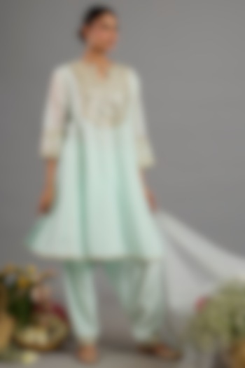 Green Chanderi Gota-Patti Embroidered A-Line Kurta Set by Saina kapoor at Pernia's Pop Up Shop