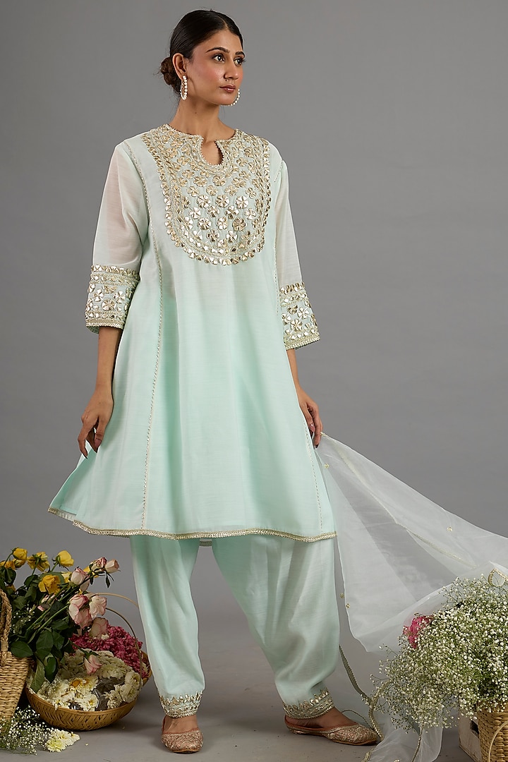 Green Chanderi Gota-Patti Embroidered A-Line Kurta Set by Saina kapoor at Pernia's Pop Up Shop