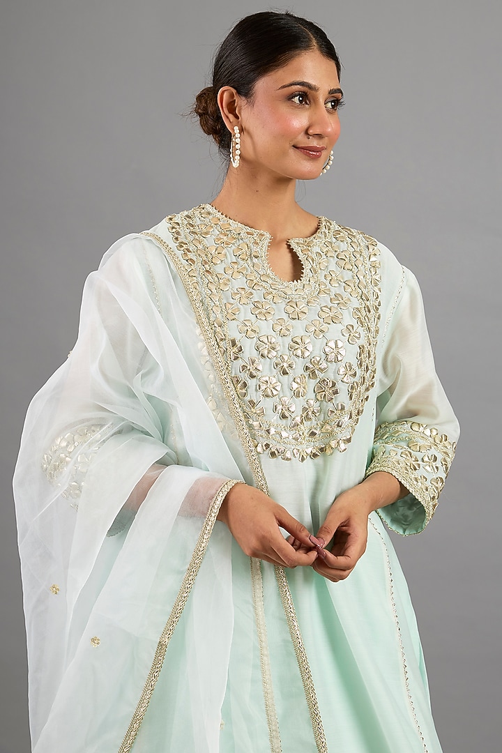 Green Chanderi Gota-Patti Embroidered A-Line Kurta Set by Saina kapoor at Pernia's Pop Up Shop