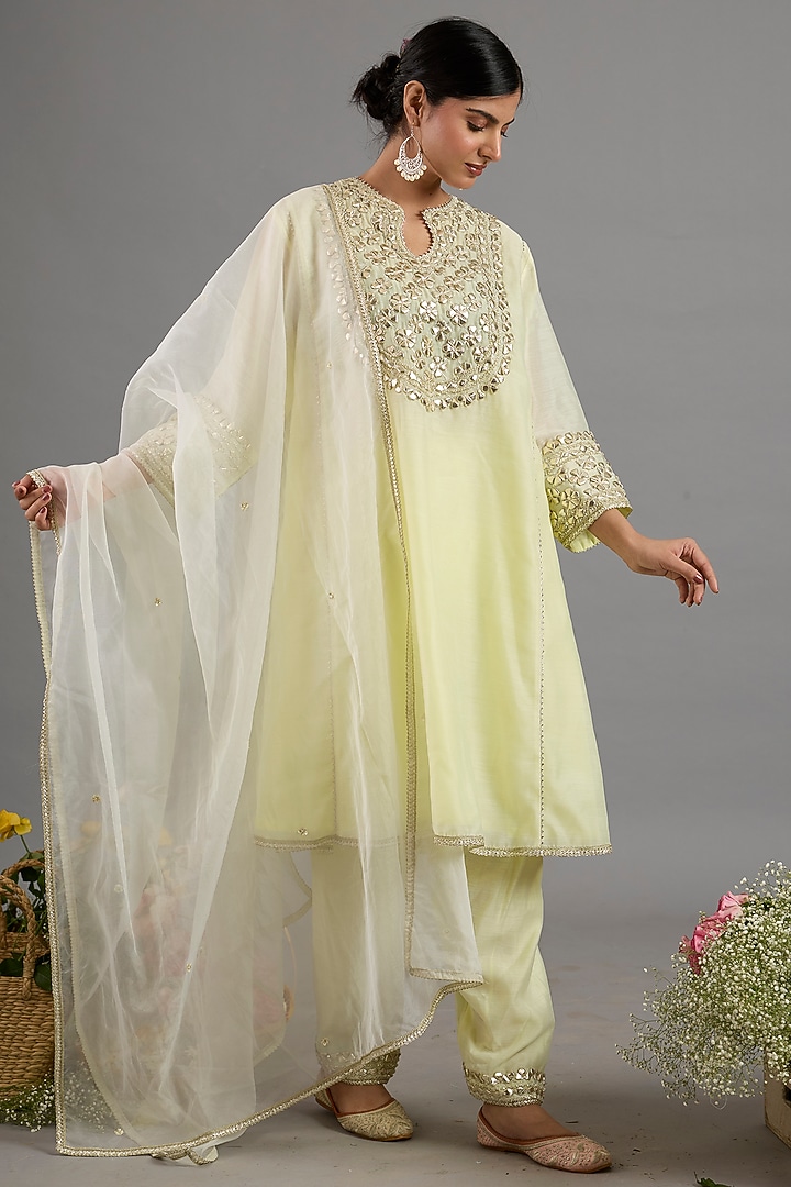 Yellow Chanderi Gota-Patti Embroidered A-Line Kurta Set by Saina kapoor at Pernia's Pop Up Shop