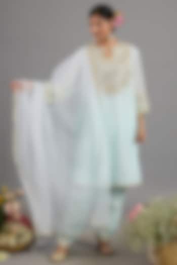 Ice Blue Chanderi Gota-Patti Embroidered A-Line Kurta Set by Saina kapoor at Pernia's Pop Up Shop