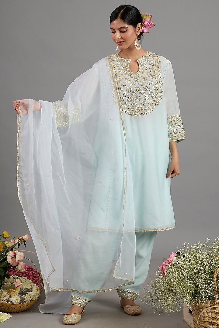 Ice Blue Chanderi Gota-Patti Embroidered A-Line Kurta Set by Saina kapoor at Pernia's Pop Up Shop
